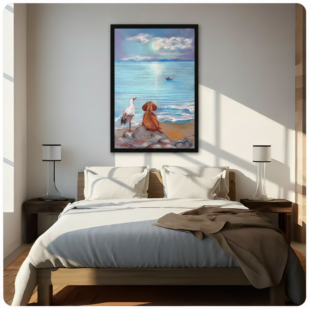 Dog and Heron Moonlit Ocean Canvas Wall Art