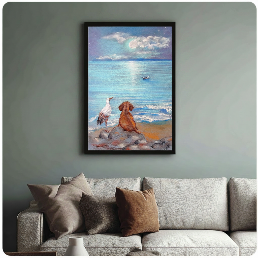 Dog and Heron Moonlit Ocean Canvas Wall Art