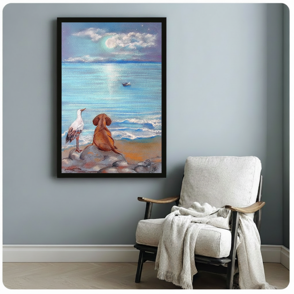 Dog and Heron Moonlit Ocean Canvas Wall Art