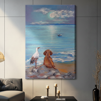 Dog and Heron Moonlit Ocean Canvas Wall Art