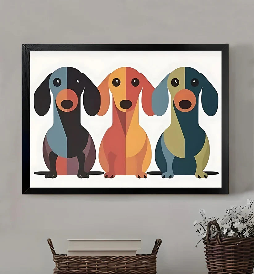 The Playful Puppies – Colorful Dog Wall Art on Natural Wood Grain Canvas