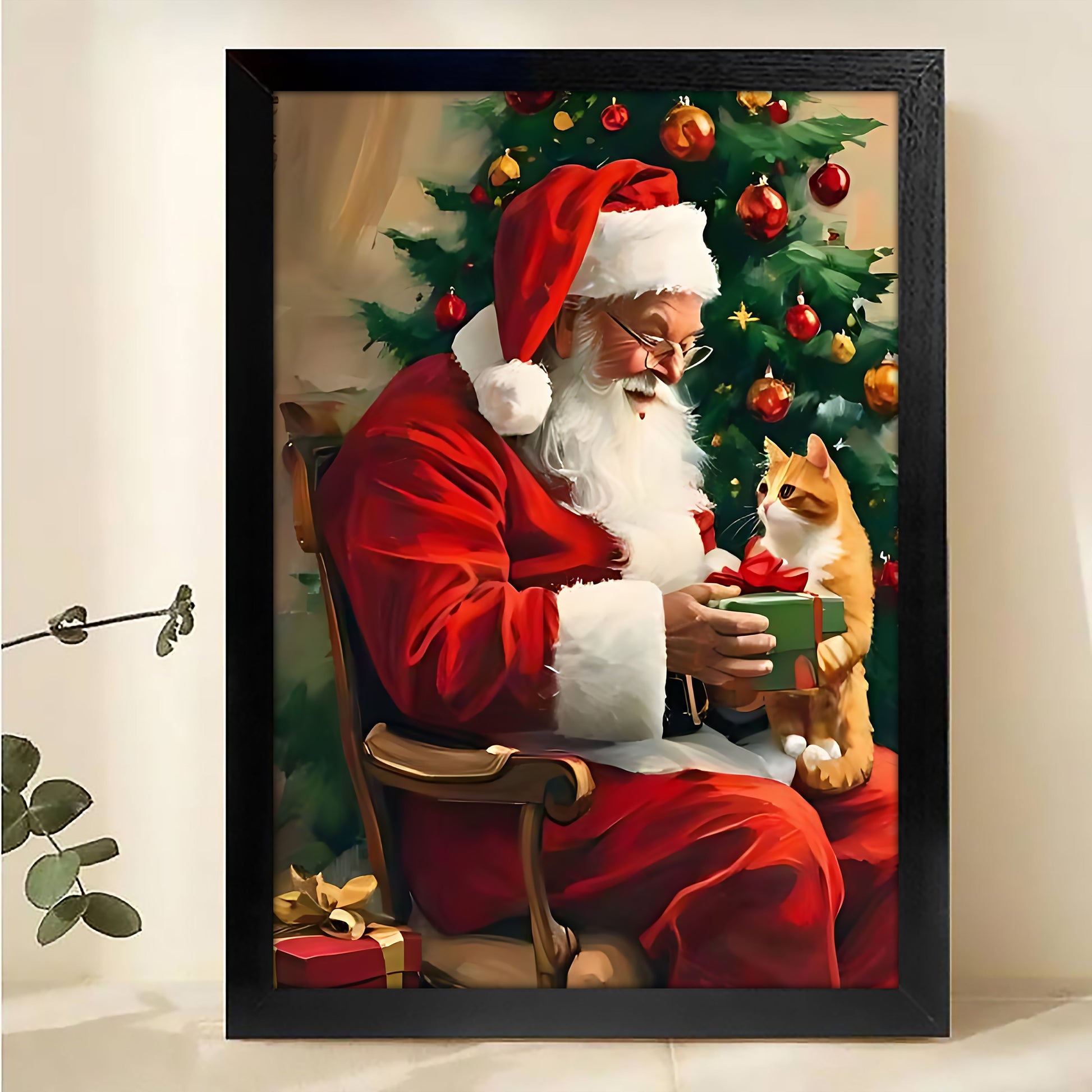 The Gift-Giving Santa – Cozy Christmas Wall Art on Natural Wood Grain Canvas