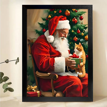 The Gift-Giving Santa – Cozy Christmas Wall Art on Natural Wood Grain Canvas