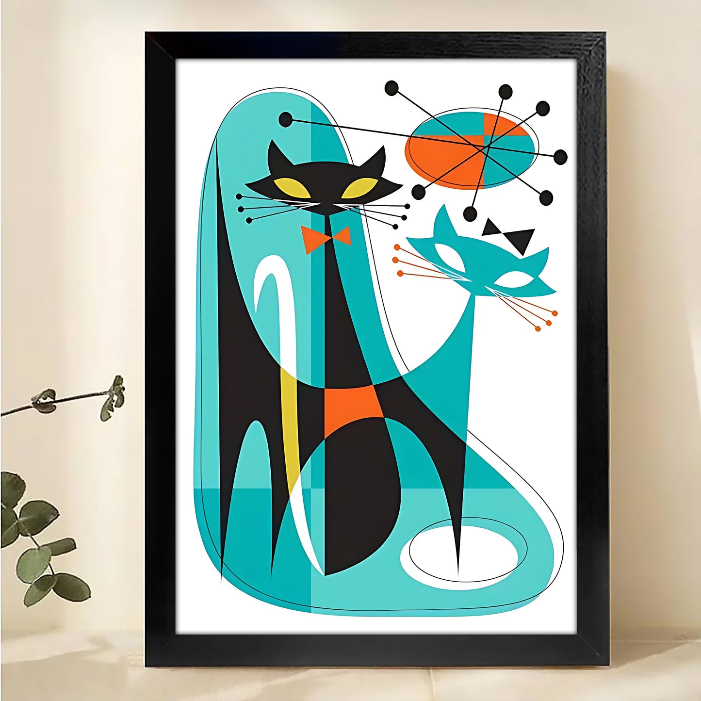 The Abstract Geometric Black Cat – Modern Feline Wall Art on Natural Wood Grain Canvas