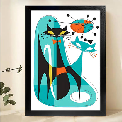 The Abstract Geometric Black Cat – Modern Feline Wall Art on Natural Wood Grain Canvas