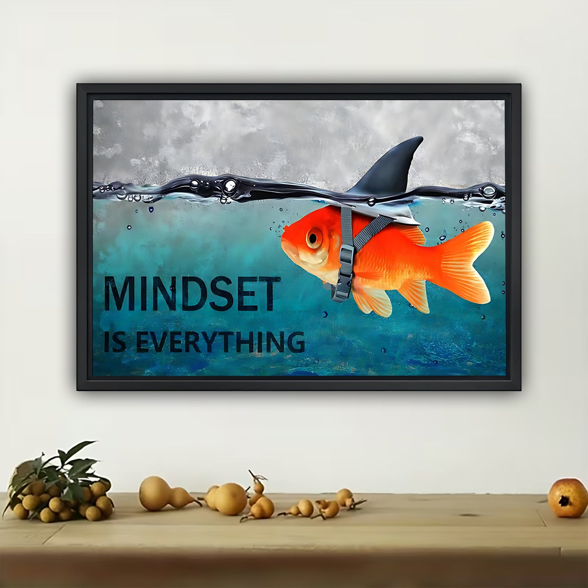 The Mindset Is Everything Fish – Inspirational Shark & Goldfish Wall Art on Natural Wood Grain Canvas