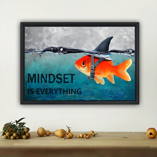 The Mindset Is Everything Fish – Inspirational Shark & Goldfish Wall Art on Natural Wood Grain Canvas