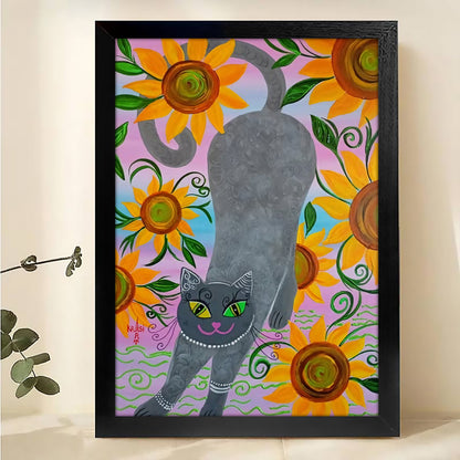 The Sunflower-Backed Black Cat – Cheerful Floral Feline Wall Art on Natural Wood Grain Canvas