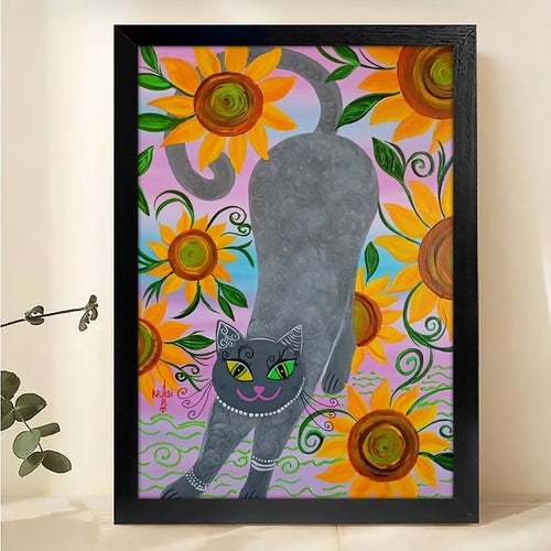 The Sunflower-Backed Black Cat – Cheerful Floral Feline Wall Art on Natural Wood Grain Canvas