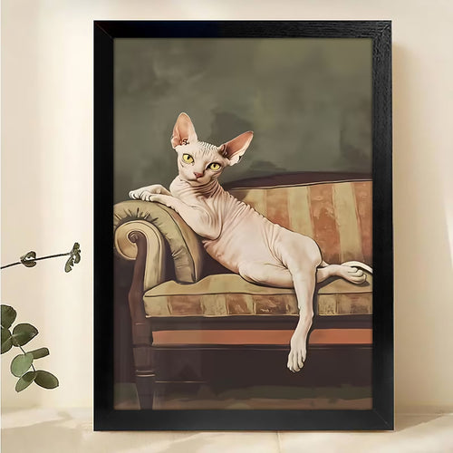 The Lounge Cat on Sofa – Elegant Sphynx Wall Art on Natural Wood Grain Canvas