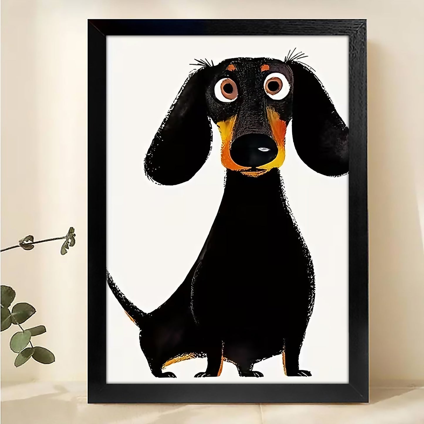 The Playful Cartoon Dachshund – Quirky Black Dog Wall Art on Natural Wood Grain Canvas
