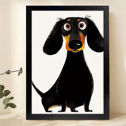 The Playful Cartoon Dachshund – Quirky Black Dog Wall Art on Natural Wood Grain Canvas