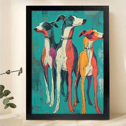 The Vibrant Greyhound Group – Colorful Dog Portrait Wall Art on Natural Wood Grain Canvas