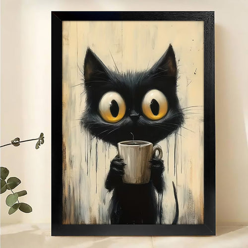 The Wide-Eyed Cup-Holding Cat – Whimsical Feline Wall Art on Natural Wood Grain Canvas