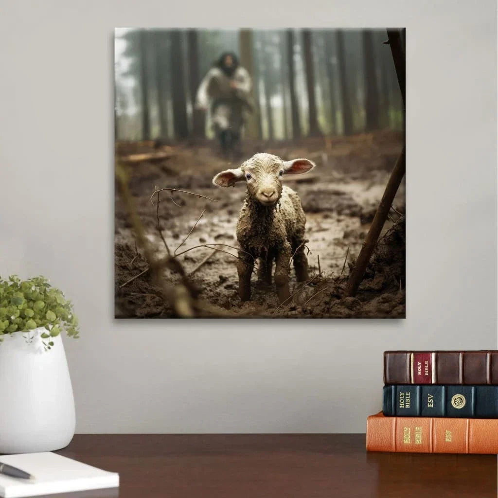 jesus with the sheep jesus running after lamb wall art canvas print (Landscape) (view 4)