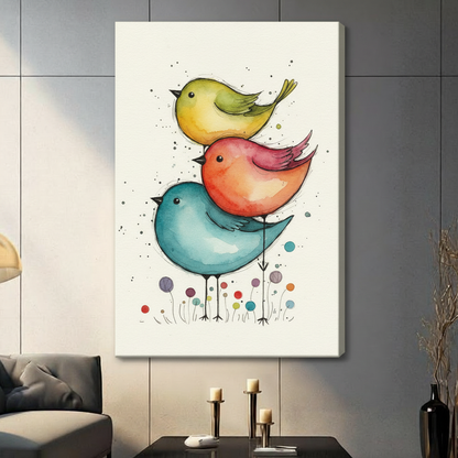 Stacked Birds Watercolor Whimsical Nursery Canvas Art