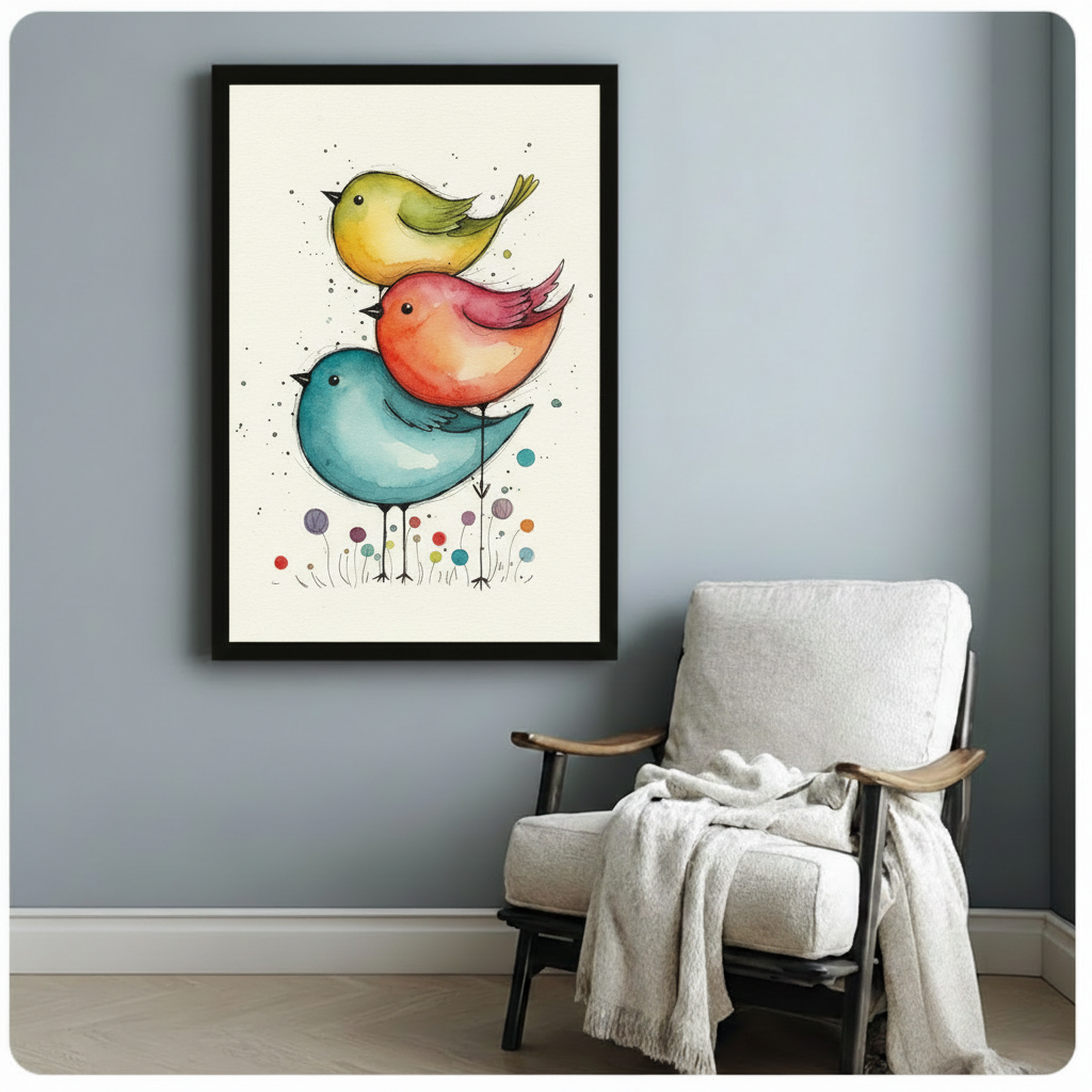 Stacked Birds Watercolor Whimsical Nursery Canvas Art