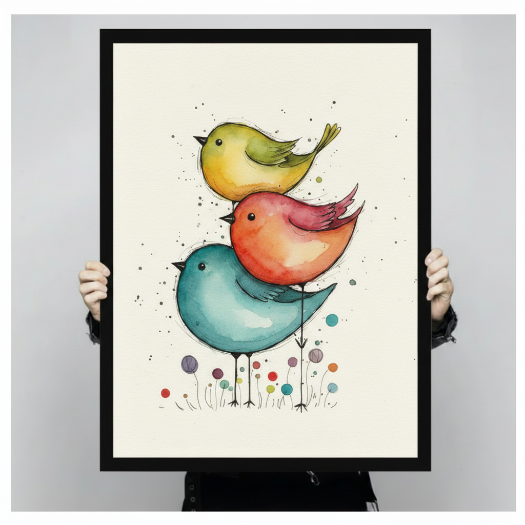 Stacked Birds Watercolor Whimsical Nursery Canvas Art