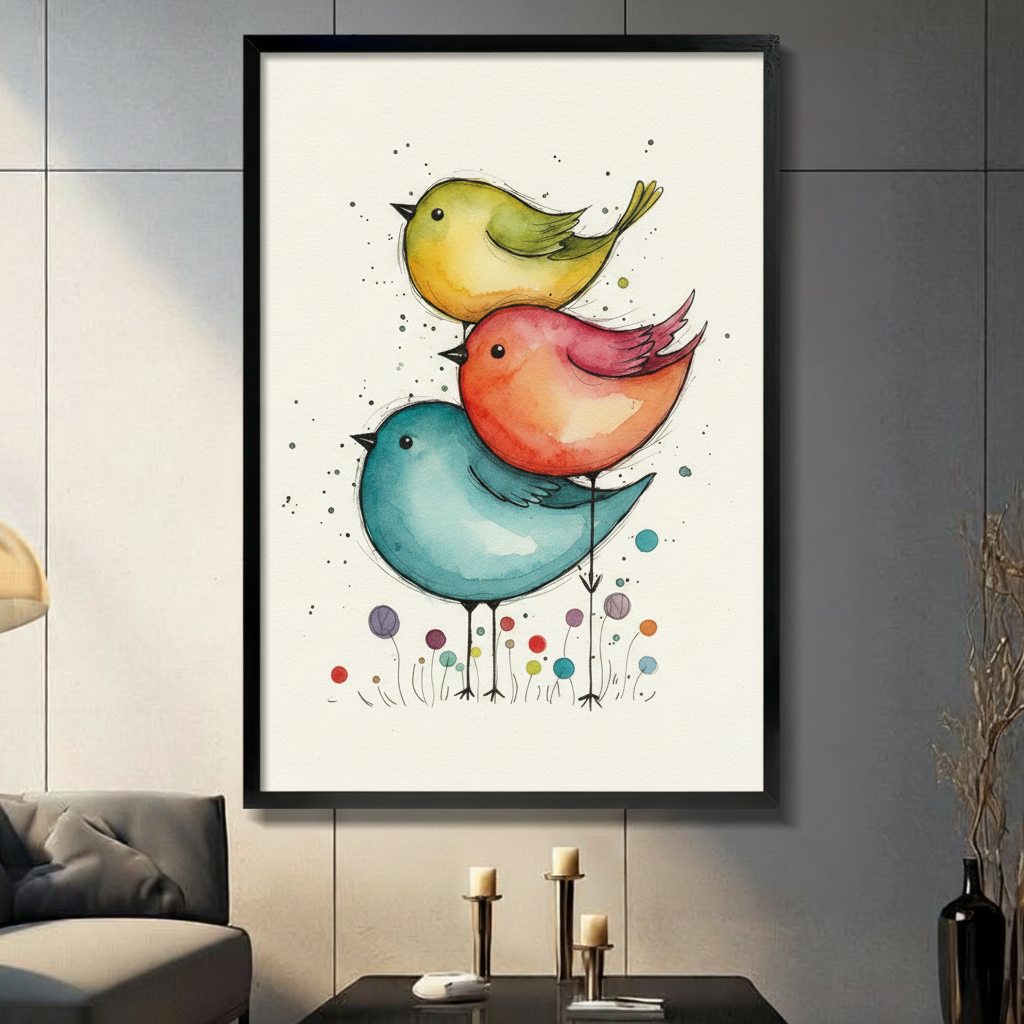 Stacked Birds Watercolor Whimsical Nursery Canvas Art