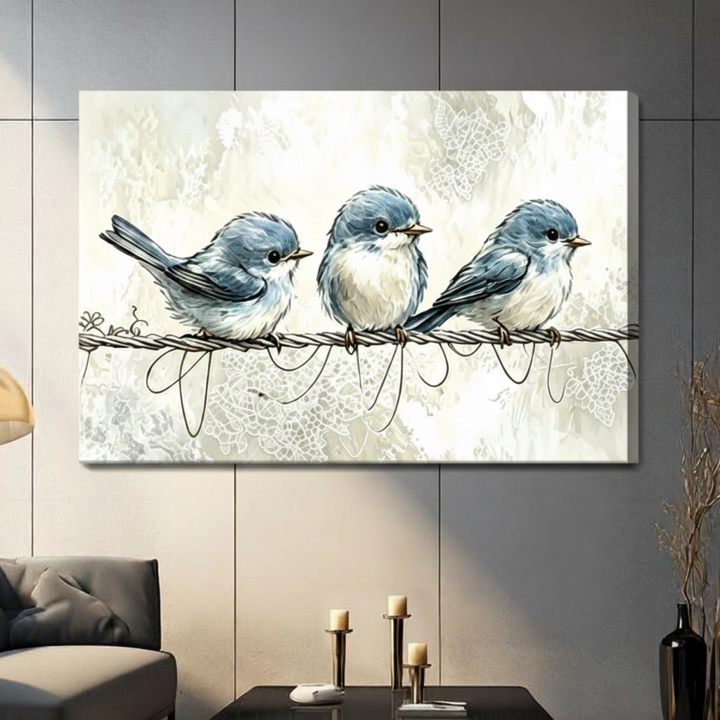 Blue Birds on Wire Watercolor Canvas Wall Art