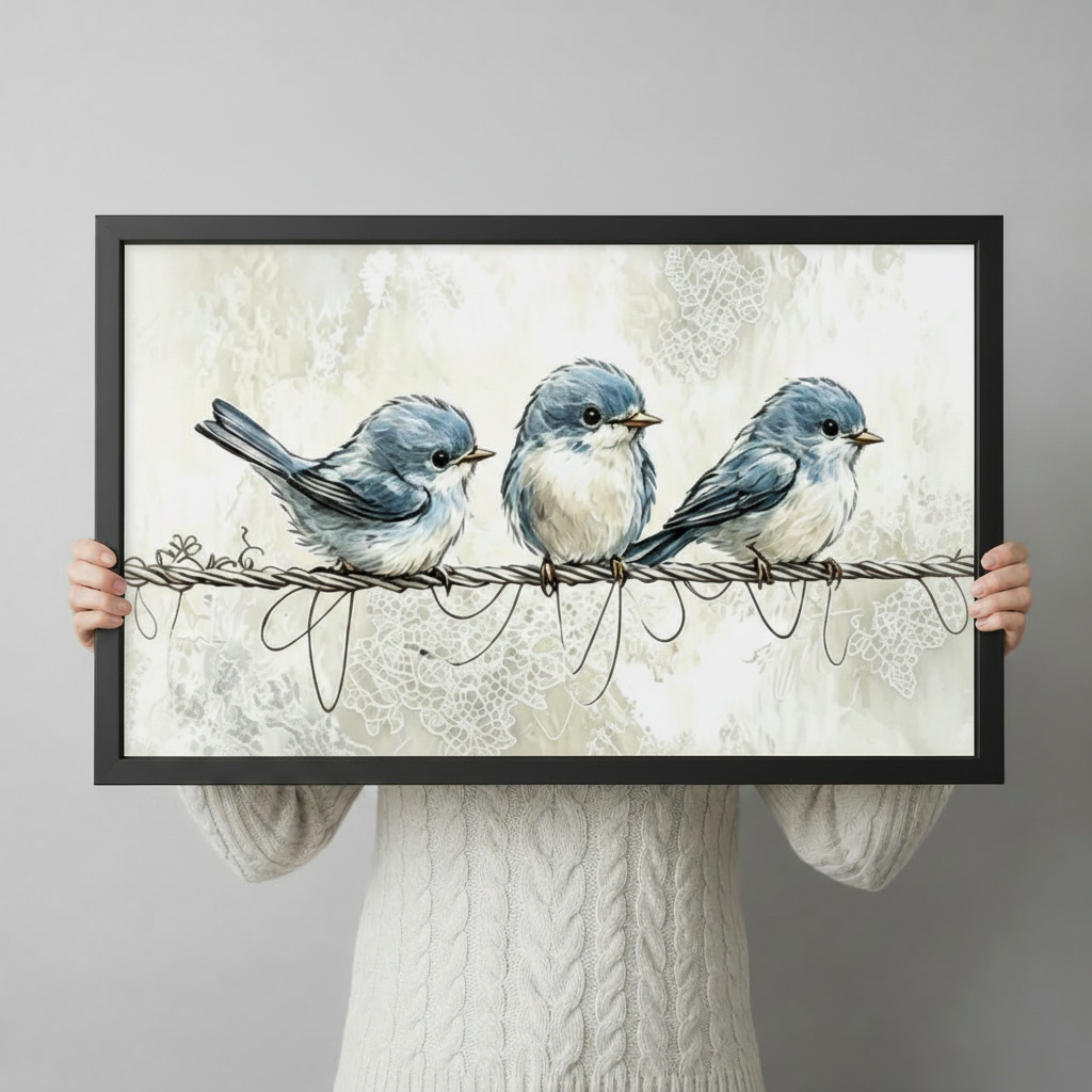 Blue Birds on Wire Watercolor Canvas Wall Art