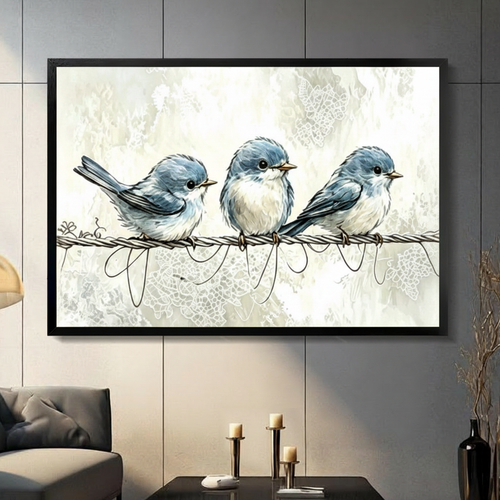 Blue Birds on Wire Watercolor Canvas Wall Art