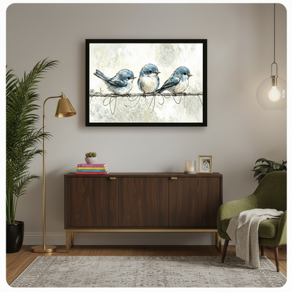 Blue Birds on Wire Watercolor Canvas Wall Art