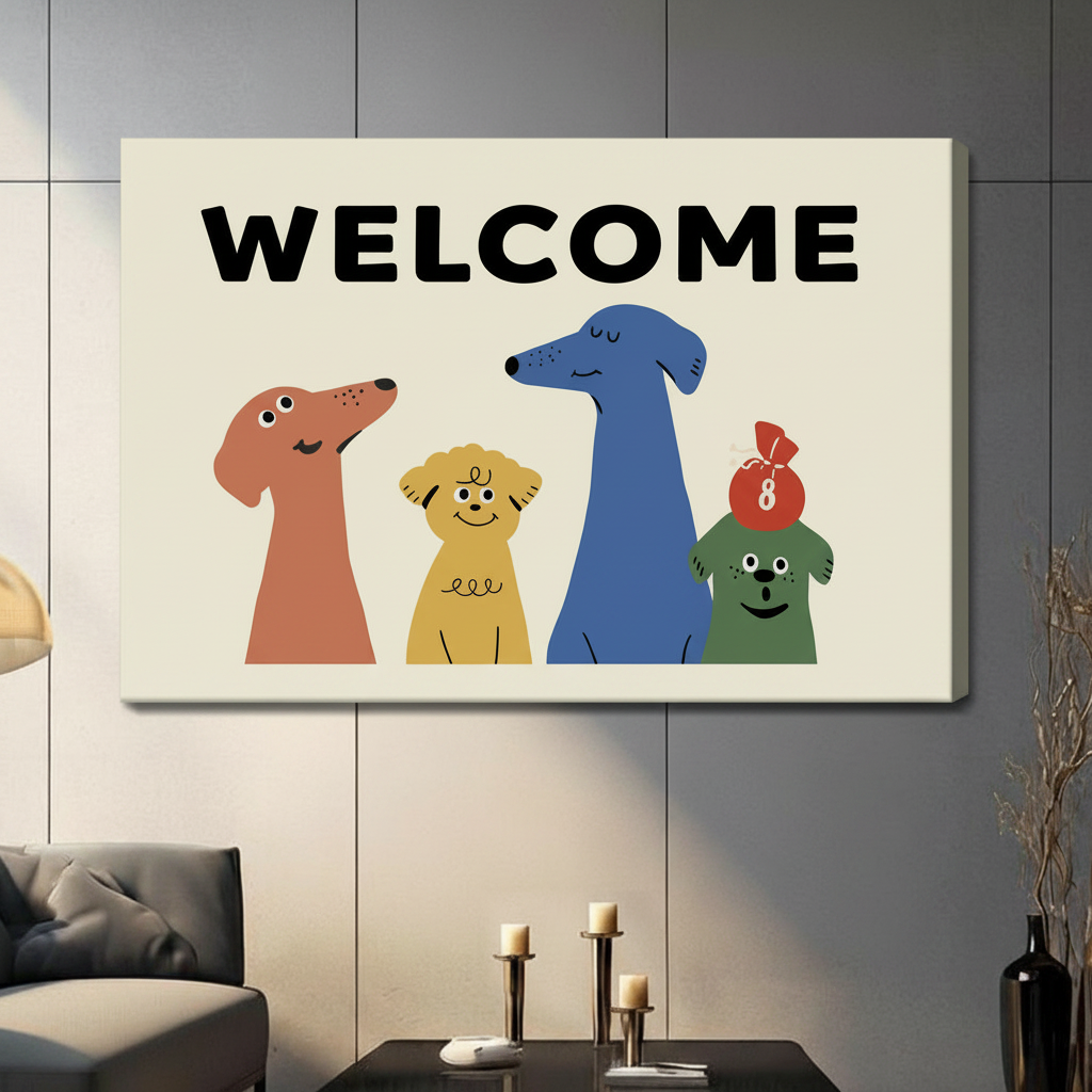 Colorful Welcome Dogs Framed Canvas Wall Art