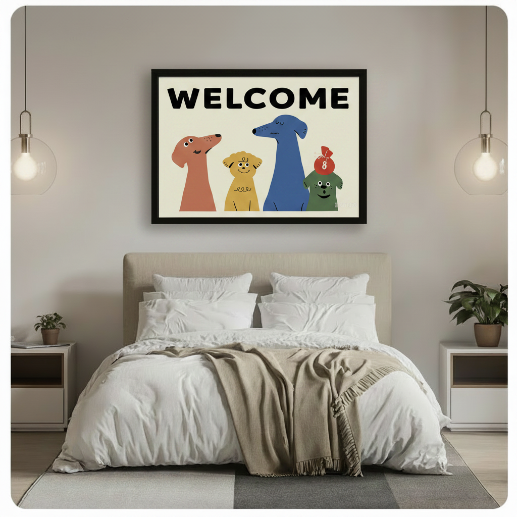 Colorful Welcome Dogs Framed Canvas Wall Art