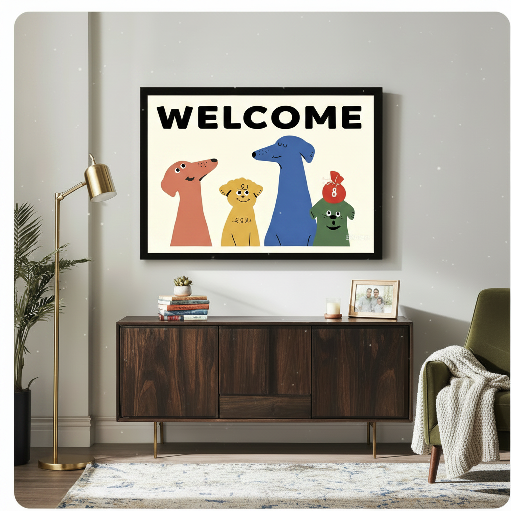 Colorful Welcome Dogs Framed Canvas Wall Art