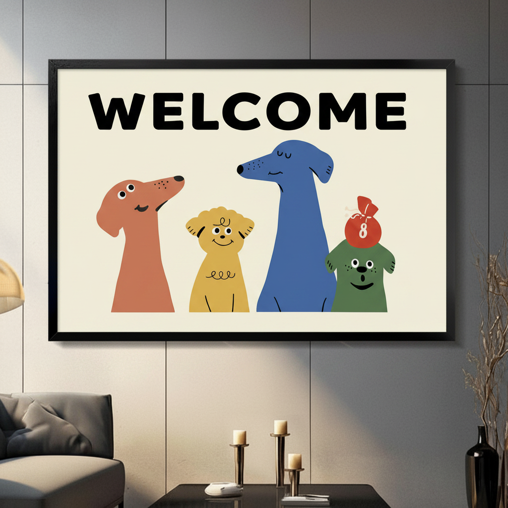 Colorful Welcome Dogs Framed Canvas Wall Art