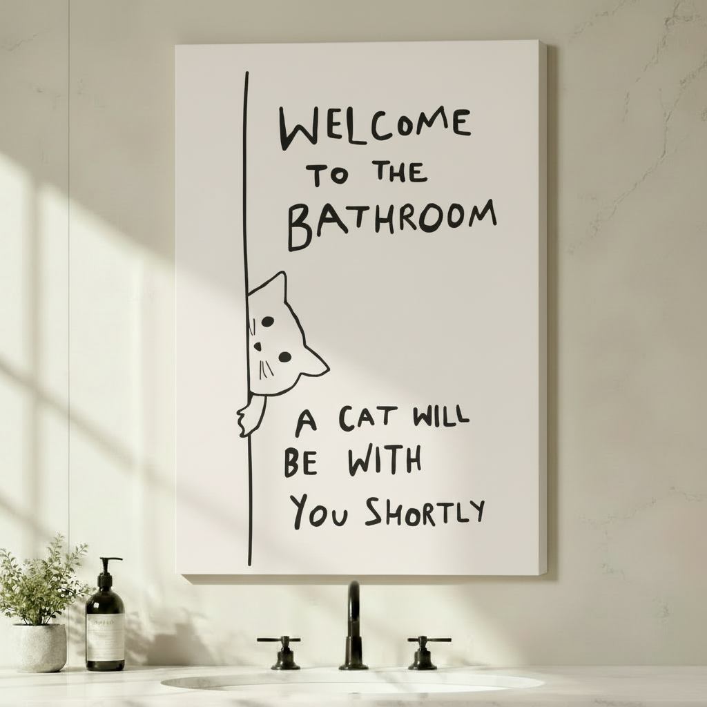 Welcome to the Bathroom Funny Cat Canvas Art Wall Art