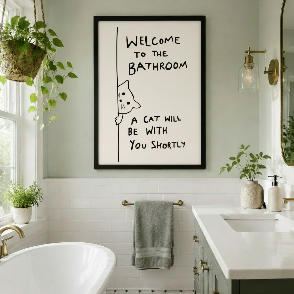 Welcome to the Bathroom Funny Cat Canvas Art Wall Art
