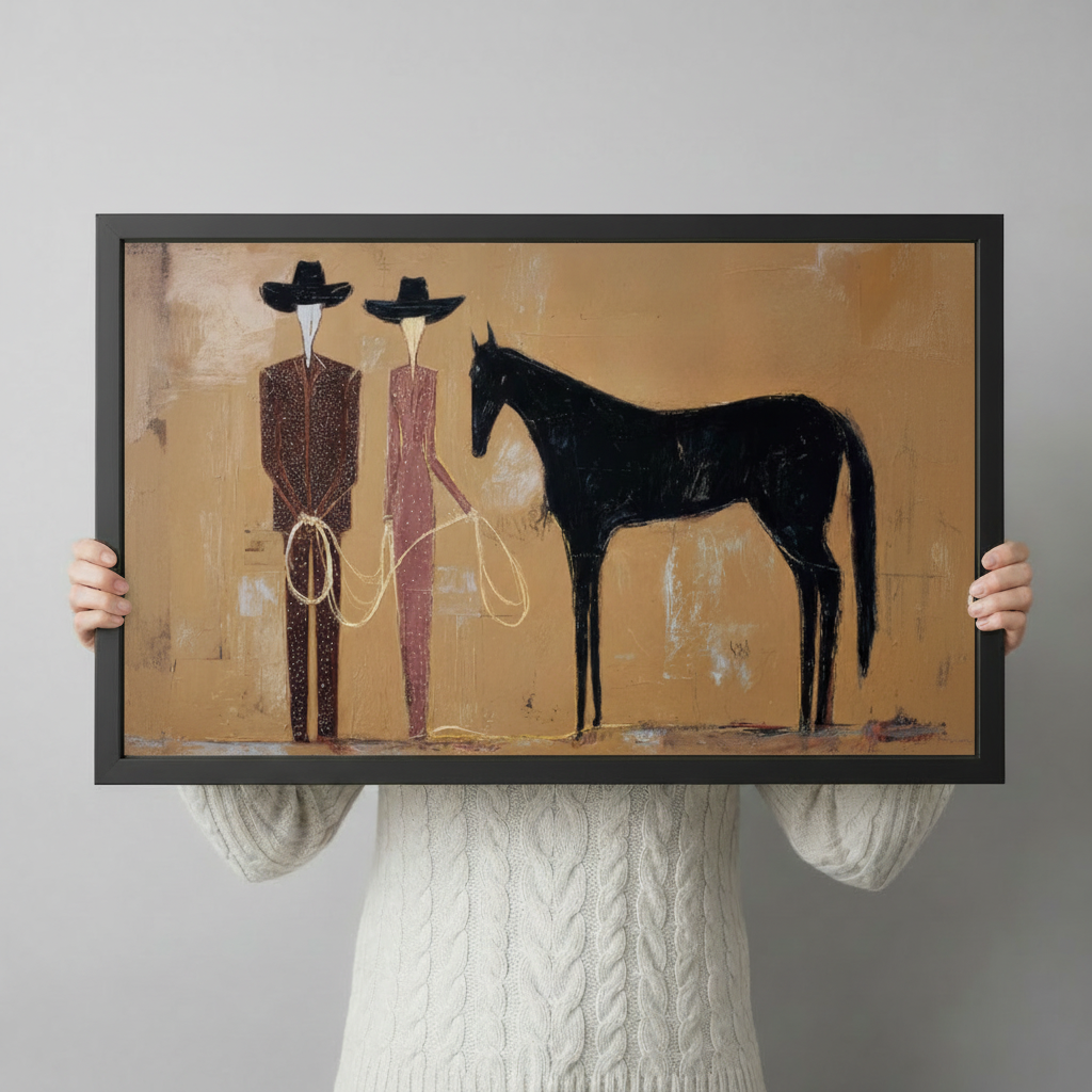 Western Cowboys Black Horse Abstract Canvas Wall Art