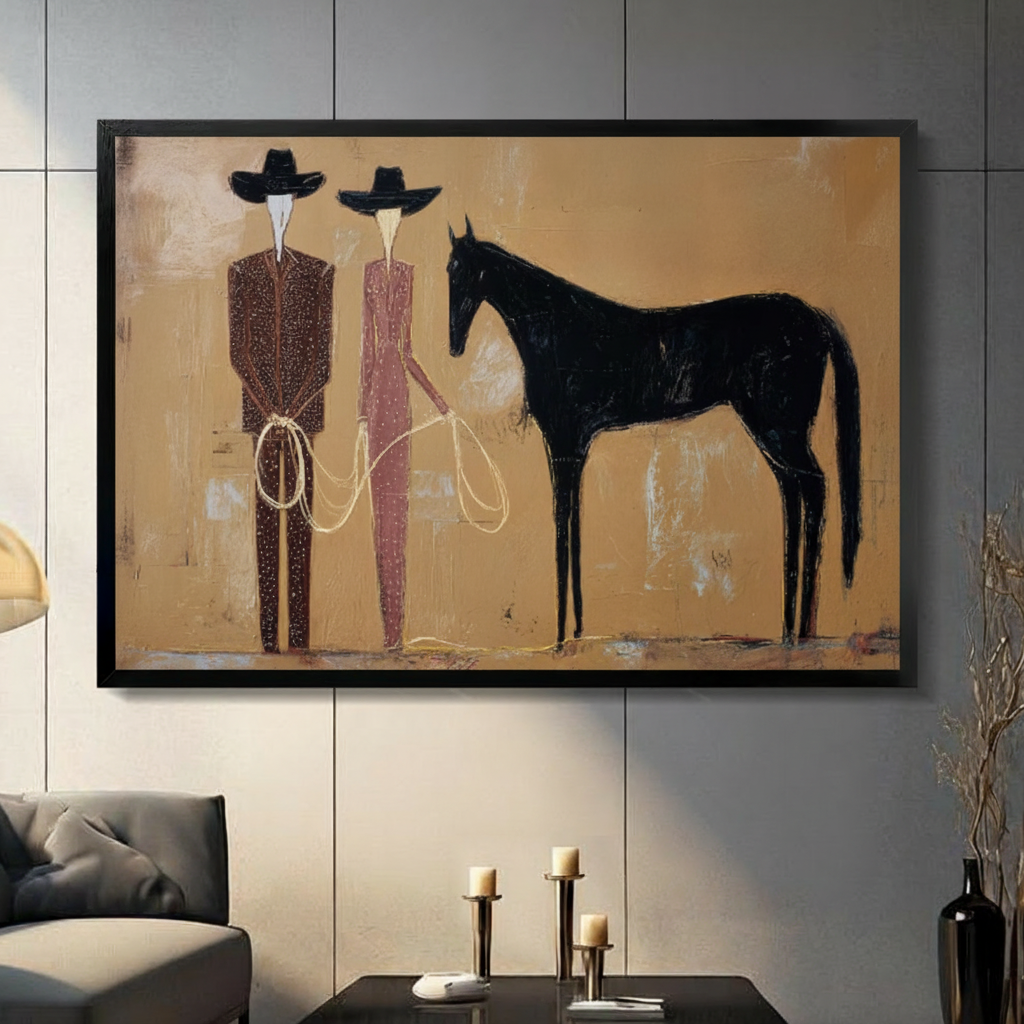 Western Cowboys Black Horse Abstract Canvas Wall Art