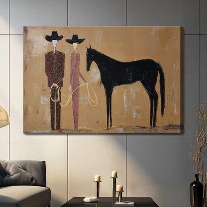 Western Cowboys Black Horse Abstract Canvas Wall Art