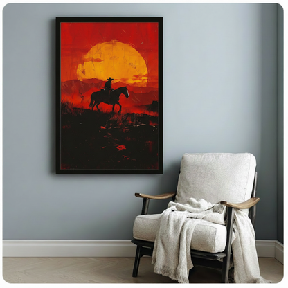 Western Cowboy Sunset Silhouette Canvas Wall Art