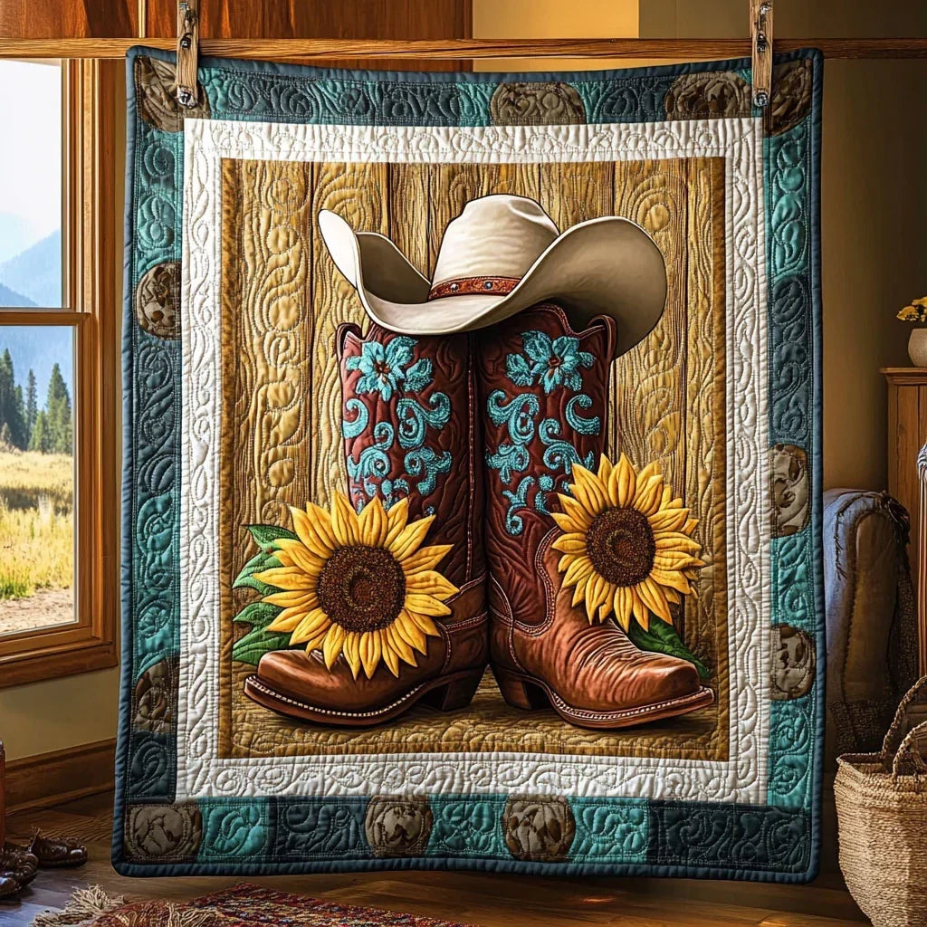 Western Sunflower Boots Quilt Blanket
