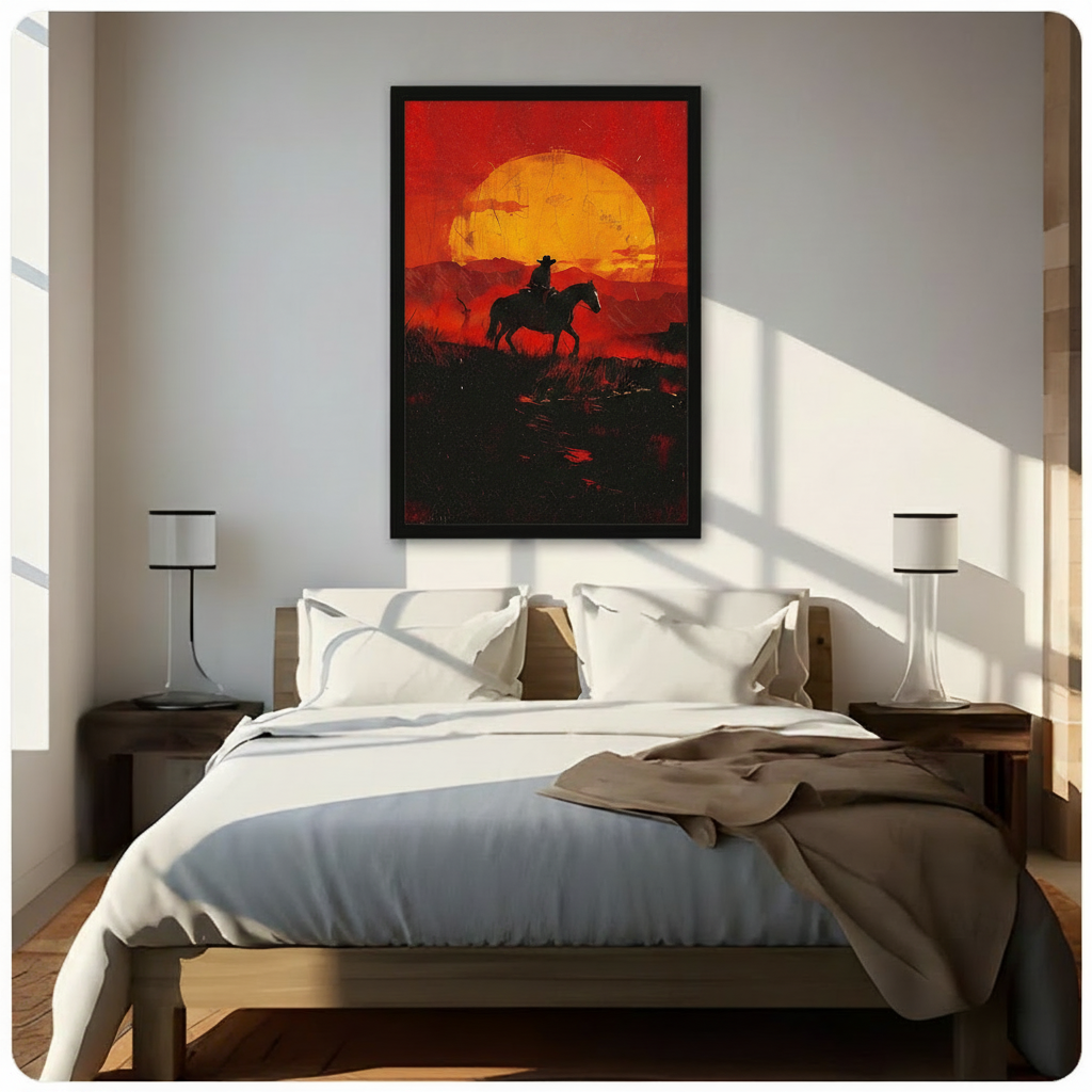 Western Cowboy Sunset Silhouette Canvas Wall Art