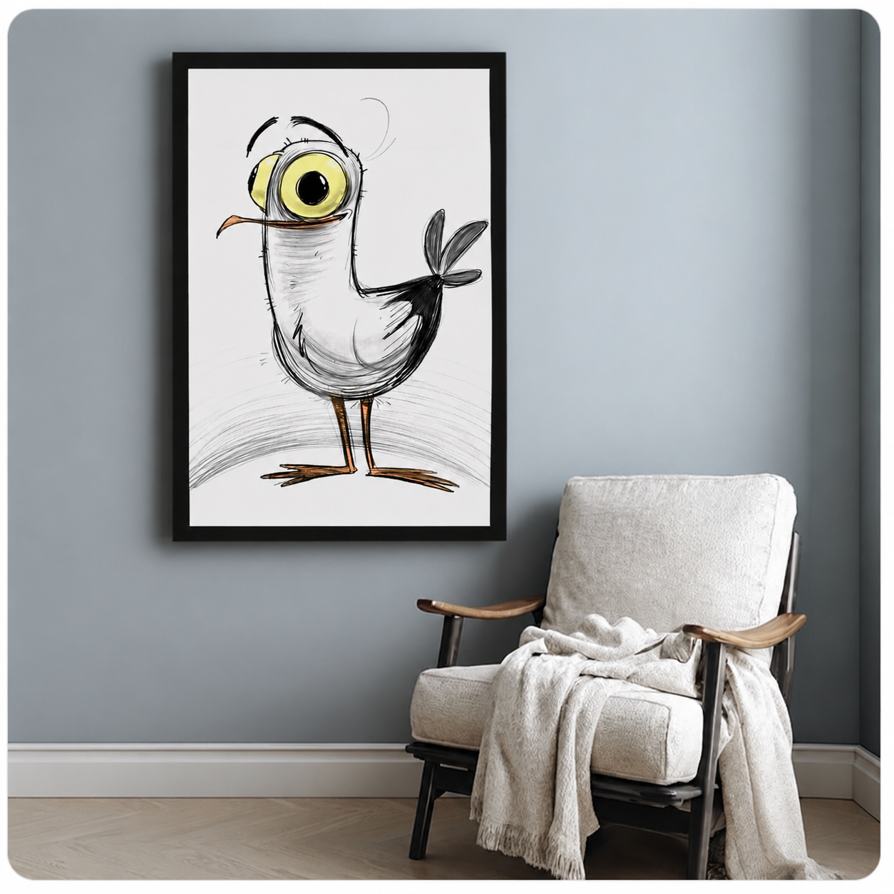 Quirky Big-Eye Bird Sketch Canvas Wall Art