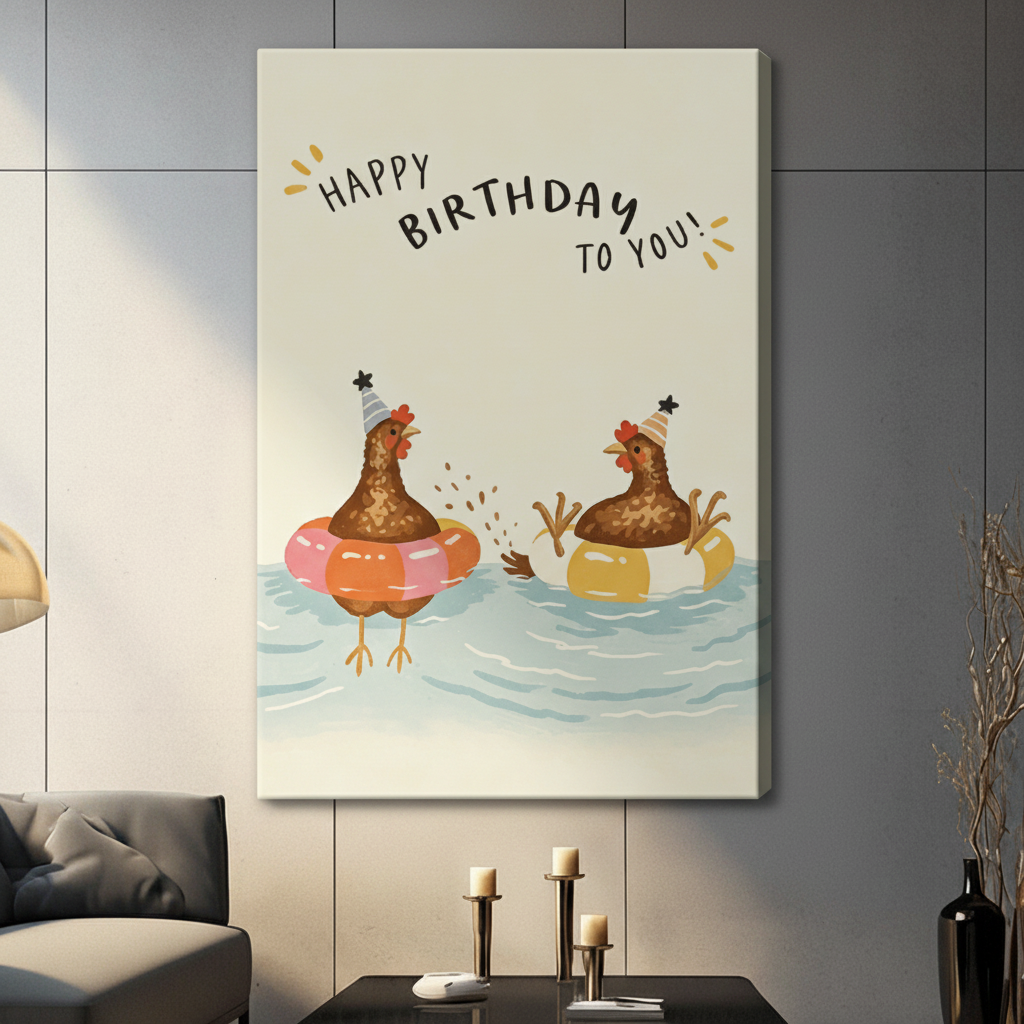 Birthday Chickens Funny Whimsical Canvas Wall Art