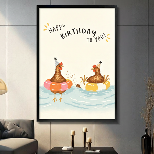 Birthday Chickens Funny Whimsical Canvas Wall Art