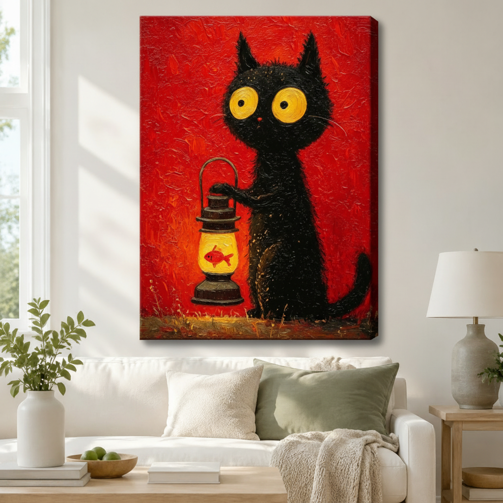 Black Cat Lantern Goldfish Oil Painting Canvas Art