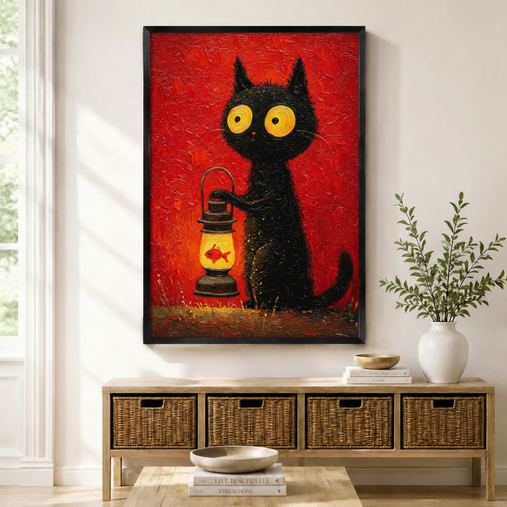 Black Cat Lantern Goldfish Oil Painting Canvas Art