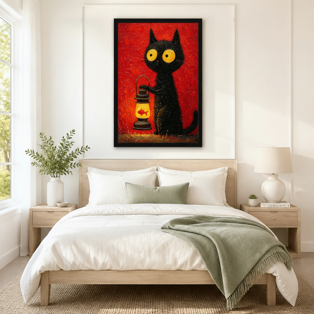 Black Cat Lantern Goldfish Oil Painting Canvas Art