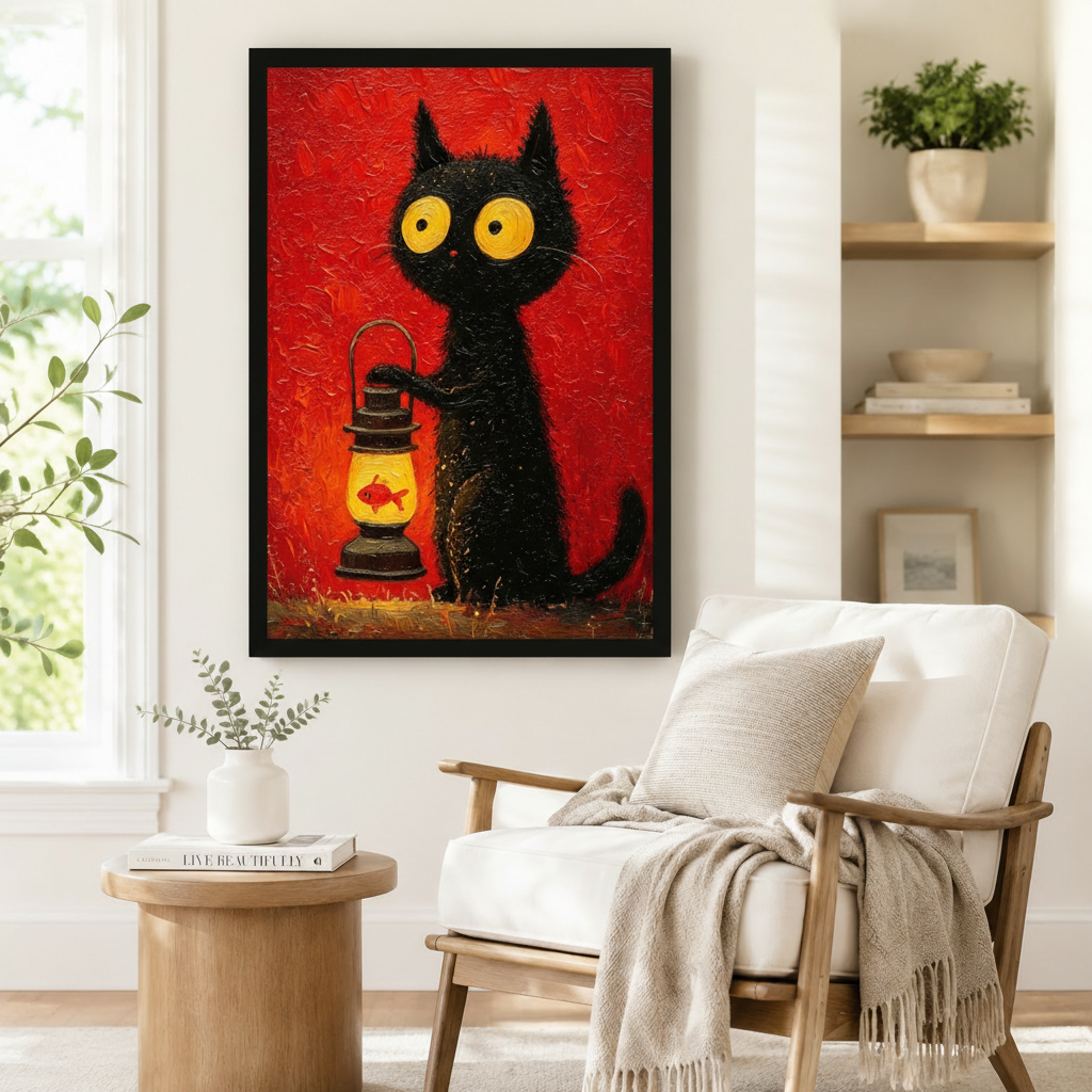 Black Cat Lantern Goldfish Oil Painting Canvas Art