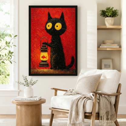 Black Cat Lantern Goldfish Oil Painting Canvas Art