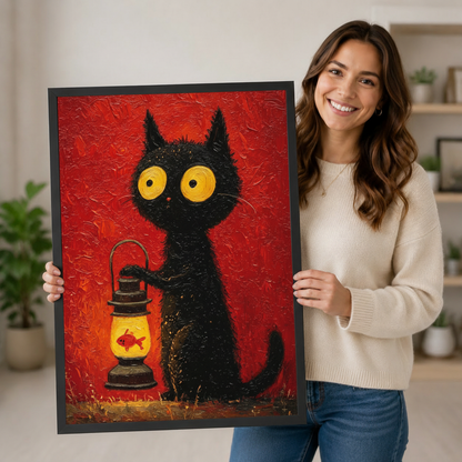 Black Cat Lantern Goldfish Oil Painting Canvas Art