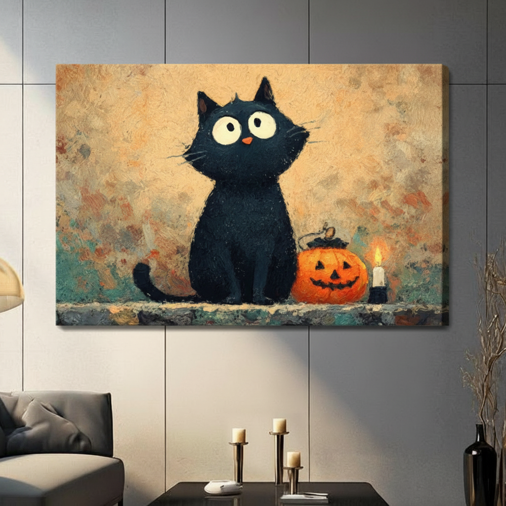 Halloween Black Cat Pumpkin Oil Painting Canvas Art