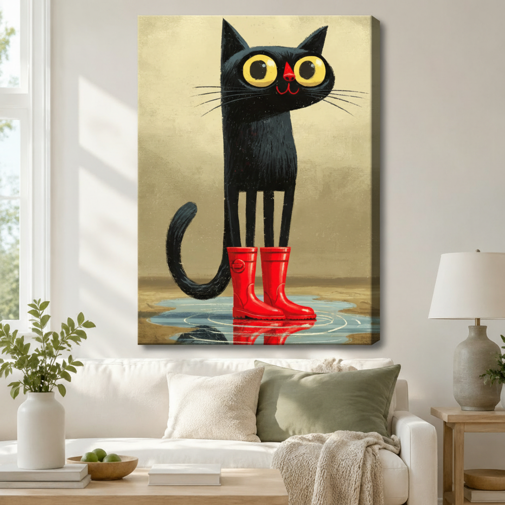 Black Cat Red Rain Boots Retro Canvas Wall Art